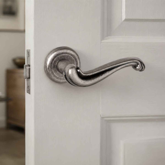 Colchester Lever Door Handle on a Radius Edged Rose - Distressed Silver Finish