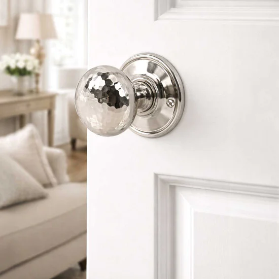 Hammered Cottage Door Knobs - Polished Nickel