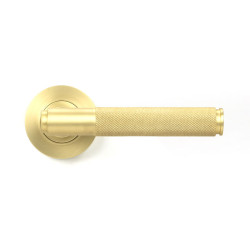 Satin Brass Brompton Lever Door Handle on Round Rose Set - Unsprung