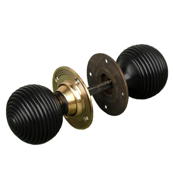 Ebony Beehive Door Knobs with Polished Brass Roses