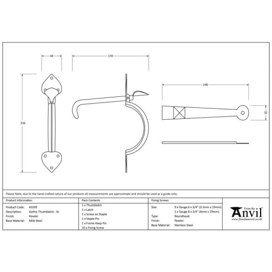 Blacksmith Pewter Patina Gothic Thumb Latch with Extra Long Thumb Bar