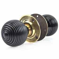 Ebony Beehive Door Knobs with Aged Brass Roses