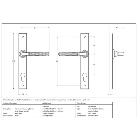 Newbury Slimline Sprung Lever Espagnolette - Hammered Aged Brass
