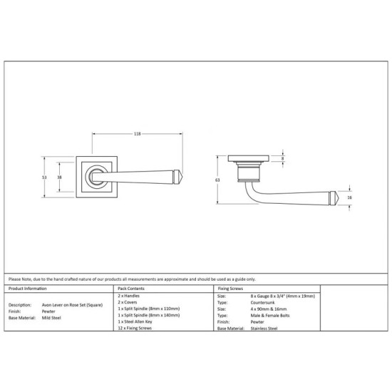 Blacksmith Pewter Patina Avon Lever Door Handle on Square Rose Set - Sprung
