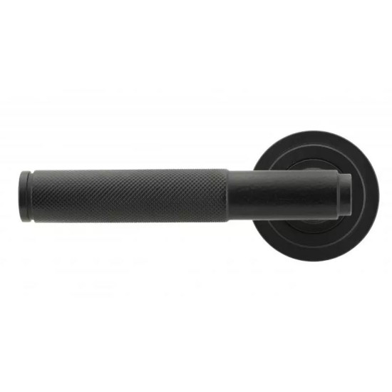 Matt Black Brompton Lever Door Handle on Art Deco Rose Set - Sprung