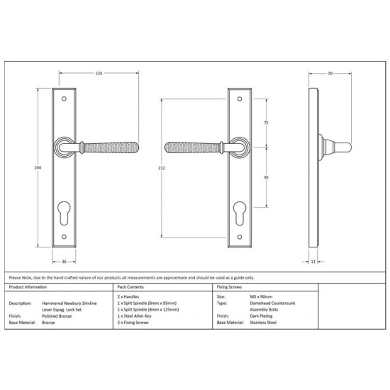 Hammered Newbury Slimline Sprung Lever Espagnolette - Polished Bronze