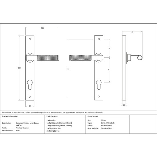 Brompton Slimline Sprung Lever Espagnolette - Polished Chrome