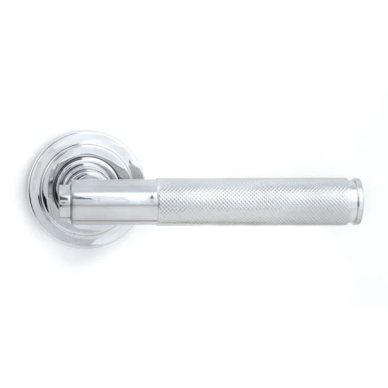 Brompton Sprung Lever Door Handle on Art Deco Rose Set - Polished Chrome
