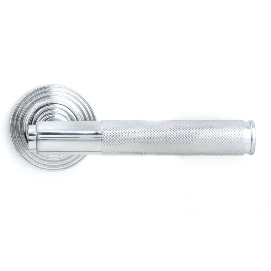 Brompton Sprung Lever Door Handle on Beehive Rose Set - Polished Chrome