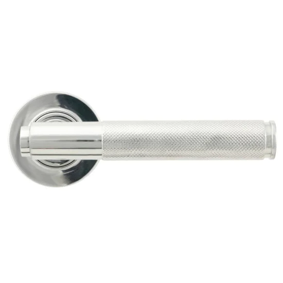 Brompton Unsprung Lever Door Handle on Round Rose Set - Polished Chrome