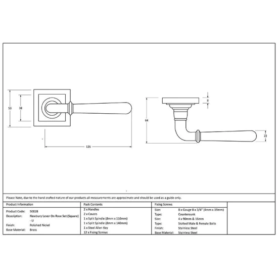 Polished Nickel Newbury Lever on Square Rose Set - Unsprung