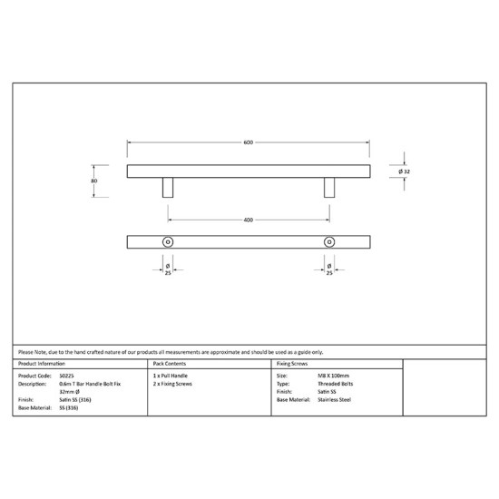 T Bar Handle with Bolt Fixings - Satin Marine Stainless Steel