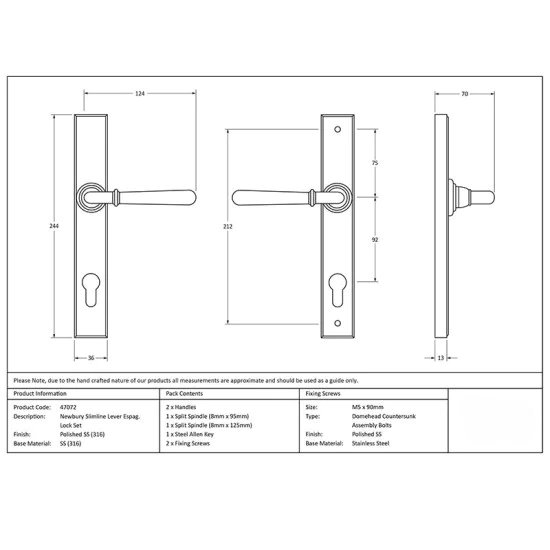 Newbury Slimline Sprung Lever Espagnolette - Polished Marine Stainless Steel