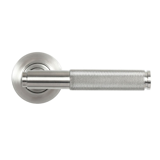 Brompton Sprung Lever Door Handle on Round Rose Set - Satin Marine Stainless Steel