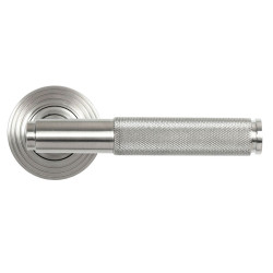 Brompton Sprung Lever Door Handle on Beehive Rose Set - Satin Marine Stainless Steel