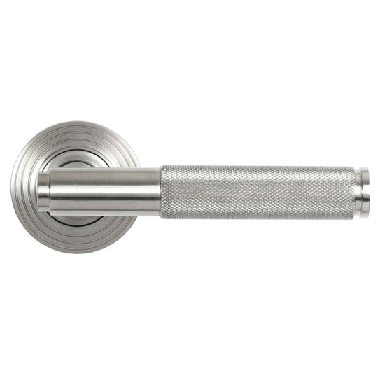 Brompton Sprung Lever Door Handle on Beehive Rose Set - Satin Marine Stainless Steel