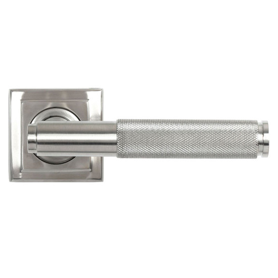 Brompton Sprung Lever Door Handle on Square Rose Set - Satin Marine Stainless Steel