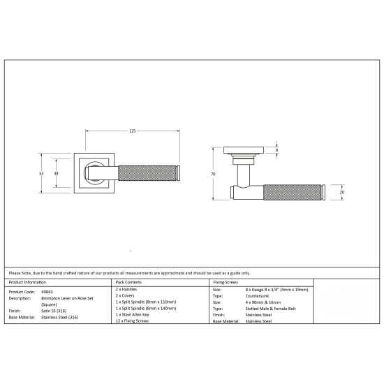 Brompton Sprung Lever Door Handle on Square Rose Set - Satin Marine Stainless Steel
