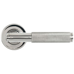 Brompton Sprung Lever Door Handle on Round Rose Set - Polished Marine Stainless Steel