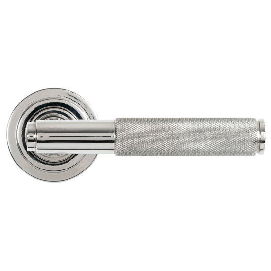 Brompton Sprung Lever Door Handle on Art Deco Rose Set - Polished Marine Stainless Steel