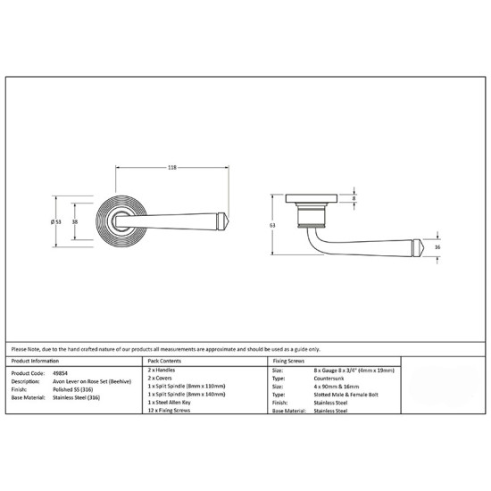 Avon Sprung Lever Door Handle on Beehive Rose Set - Polished Marine Stainless Steel