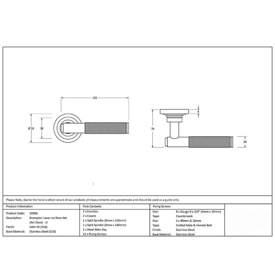 Brompton Unsprung Lever Door Handle on Art Deco Rose Set - Satin Marine Stainless Steel