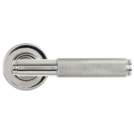Brompton Unsprung Lever Door Handle on Round Rose Set - Polished Marine Stainless Steel