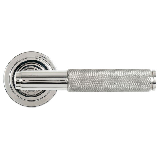 Brompton Unsprung Lever Door Handle on Art Deco Rose Set - Polished Marine Stainless Steel