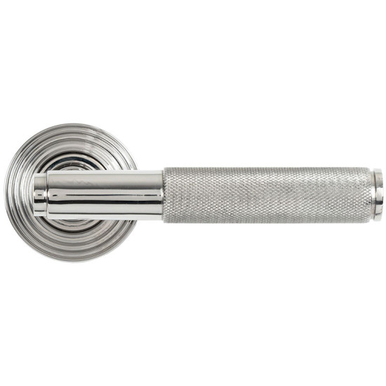 Brompton Unsprung Lever Door Handle on Beehive Rose Set - Polished Marine Stainless Steel