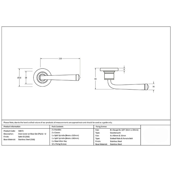 Avon Unsprung Lever Door Handle on Round Rose Set - Satin Marine Stainless Steel