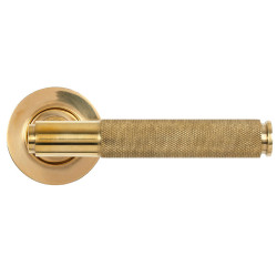 Brompton Sprung Lever Door Handle on Round Rose Set - Polished Brass
