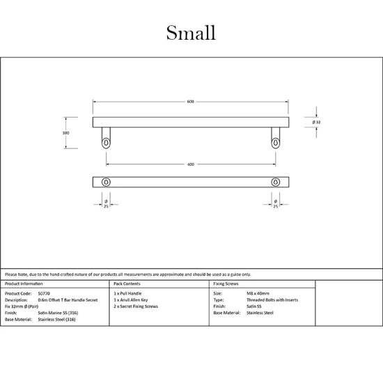 Offset T Bar Handle with Secret Fixings - Satin Marine Stainless Steel