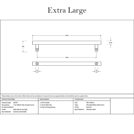 Offset T Bar Handle with Secret Fixings - Satin Marine Stainless Steel