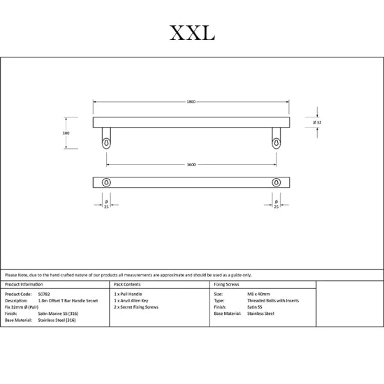 Offset T Bar Handle with Secret Fixings - Satin Marine Stainless Steel