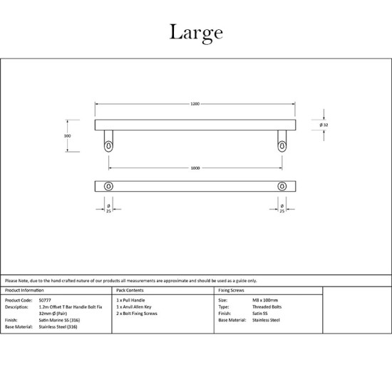 Offset T Bar Handle with Bolt Fixings - Satin Marine Stainless Steel