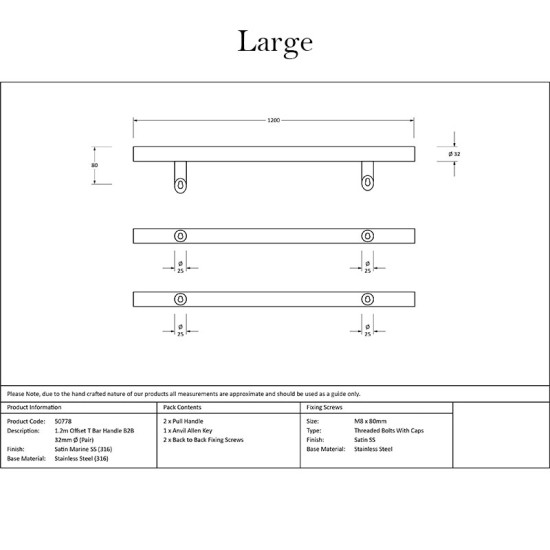 Offset T Bar Handle with Back-to-Back Fixings - Satin Marine Stainless Steel
