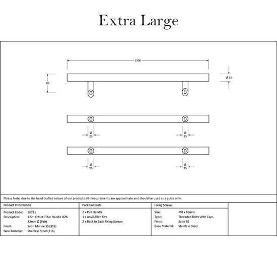 Offset T Bar Handle with Back-to-Back Fixings - Satin Marine Stainless Steel