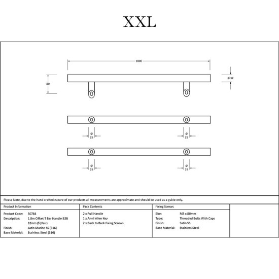 Offset T Bar Handle with Back-to-Back Fixings - Satin Marine Stainless Steel