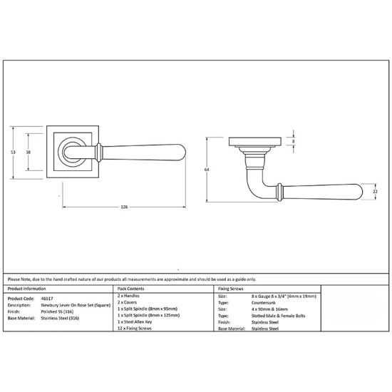 Newbury Lever on Square Rose Set - Polished Marine Stainless Steel