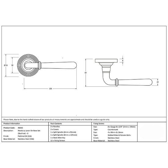 Newbury Unsprung Lever Door Handle on Beehive Rose Set - Polished Marine Stainless Steel