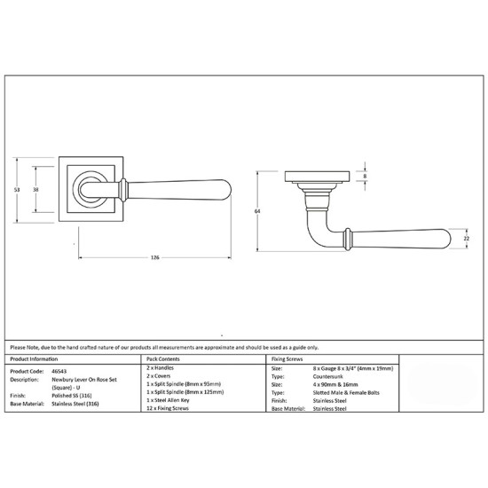 Newbury Unsprung Lever Door Handle on Square Rose Set - Polished Marine Stainless Steel