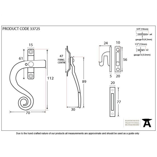 Blacksmith Pewter Patina Curved Lockable Monkeytail Casement Fastener