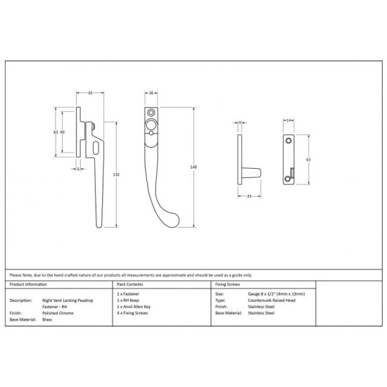 Locking Night Vent Peardrop Casement Fastener - Polished Chrome