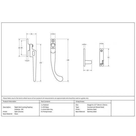 Locking Night Vent Peardrop Casement Fastener - Satin Chrome