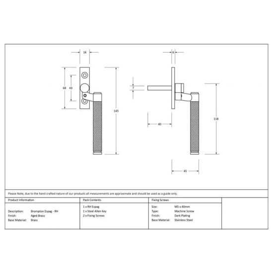 Brompton Espagnolette Casement Fastener - Aged Brass