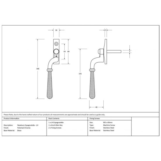 Hammered Newbury Espagnolette Casement Fastener - Polished Chrome