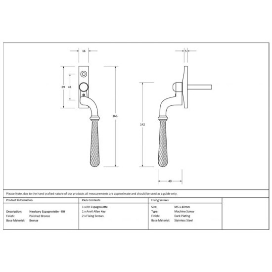 Hammered Newbury Espagnolette Casement Fastener - Polished Bronze