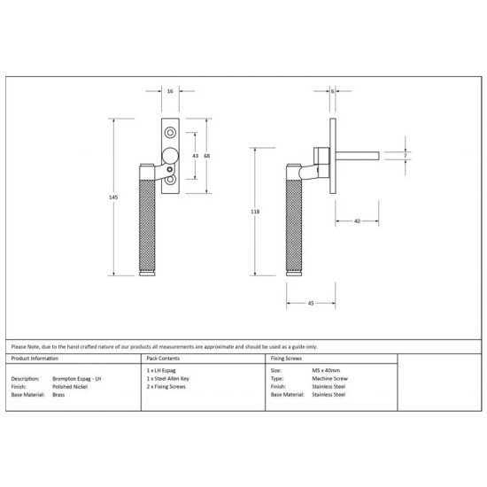 Brompton Espagnolette Casement Fastener - Polished Nickel