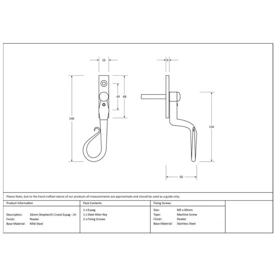 Blacksmith Pewter Patina Lockable Espagnolette Shepherd's Crook Fastener with Slim Fixing Plate