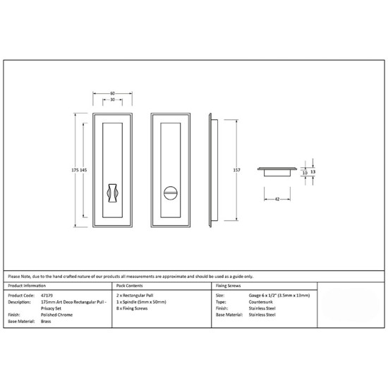 Art Deco Rectangular Pull Privacy Set - Polished Chrome